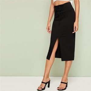 Lace Up Wide Waistband High Split Skirt
